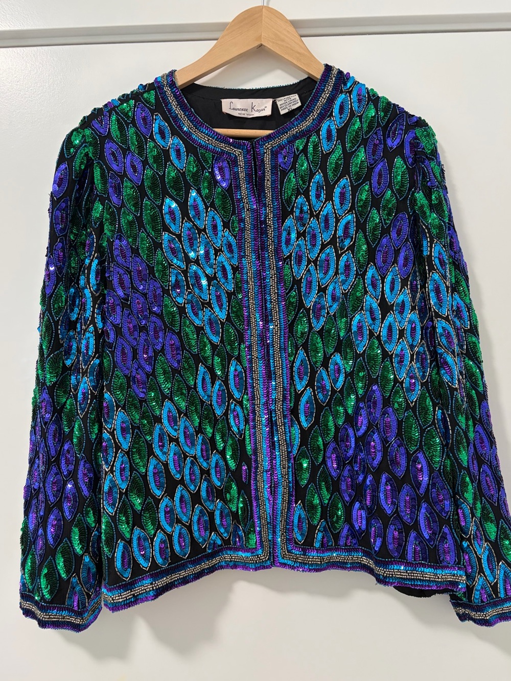 Laurence Kazar Vintage 100% Silk Beaded Peacock Jacket in Blue & Green XL